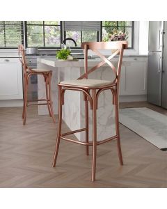 Banqueta Cross Alta para Cozinha em Aço Cobre com Encosto X e Corano Sofisticada Home Design - Bege