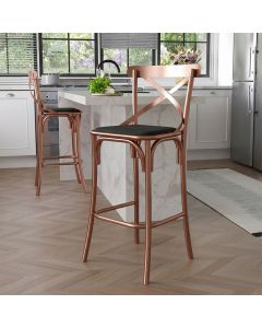 Banqueta Katrina Alta em Aço Cobre com Corano e Encosto para Ilha Gourmet Decorativa Design - Preto