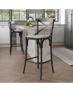 Banqueta Katrina em Aço Preta com Encosto e Assento em Corano para Bancada Gourmet Design - Bege