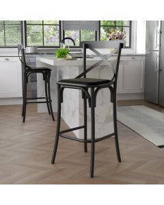 Banqueta Katrina em Aço Preta com Encosto Assento em Corano para Cozinha Gourmet Design - Preto