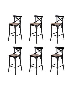 Kit 6 Banquetas Katrina com Encosto em Aço Preto Assento em Corano para Bancada de Cozinha - Bege