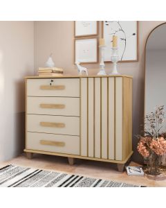 Cômoda Grécia Ripado 4 Gavetas 1 Porta com Design Moderno para Quarto Home - Cinamomo/off White