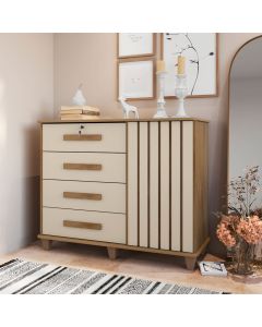 Cômoda Grécia 4 Gavetas 1 Porta com Prateleiras Internas e Design Moderno para Quarto - Freijó/off