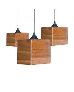 Conjunto Com 3 Luminarias Minimalista Cannes De Teto Industriais Em Cubo Madeira Vintage