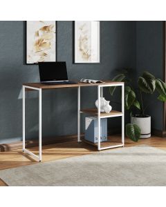 Mesa Escritório Berlim Industrial com Prateleira Ferro Branco Tampo 110x46 Amêndoa
