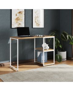 Mesa Escritório Berlim Industrial com Prateleira Ferro Branco Tampo 110x46 Freijó