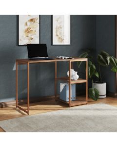 Mesa Escritório Berlim Industrial com Prateleira Ferro Cobre Tampo 110x46 Amêndoa