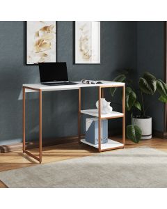 Mesa Escritório Berlim Industrial com Prateleira Ferro Cobre Tampo 110x46 Branco