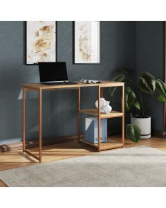 Mesa Escritório Berlim Industrial com Prateleira Ferro Cobre Tampo 110x46 Freijó