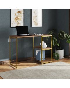 Mesa Escritório Berlim Industrial com Prateleira Ferro Dourado Tampo 110x46 Amêndoa