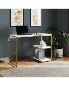 Mesa Escritório Berlim Industrial com Prateleira Ferro Dourado Tampo 110x46 Branco