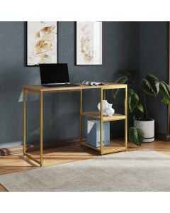 Mesa Escritório Berlim Industrial com Prateleira Ferro Dourado Tampo 110x46 Freijó