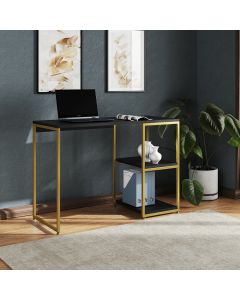 Mesa Escritório Berlim Industrial com Prateleira Ferro Dourado Tampo 110x46 Preto