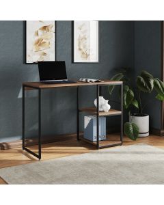 Mesa Escritório Berlim Industrial com Prateleira Ferro Preto Tampo 110x46 Amêndoa
