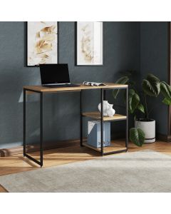 Mesa Escritório Berlim Industrial com Prateleira Ferro Preto Tampo 110x46 Freijó