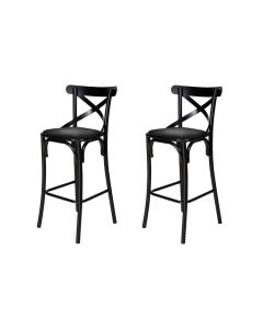 Conjunto 2 Banquetas Katrina com Encosto em Aço Preto Assento Corano para Bancada de Cozinha - Preto