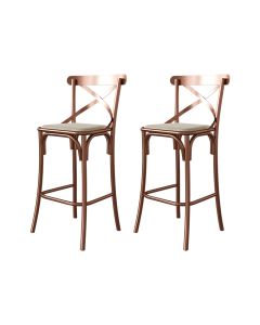 Conjunto 2 Banquetas Katrina com Encosto em Aço Cobre Assento Corano para Bancada de Cozinha - Bege
