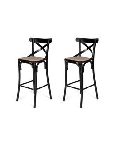 Conjunto 2 Banquetas Katrina com Encosto em Aço Preto Assento Corano para Bancada de Cozinha - Bege