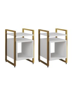 Kit 2 Mesas de Cabeceira Industrial Marrocos Ferro Dourado e Tampo Branco