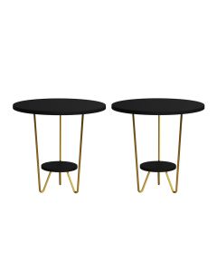 Kit 2 Mesas Laterais Redonda Industrial Italy Ferro Dourado e Tampo Preto
