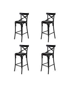Kit 4 Banquetas Katrina com Encosto em Aço Preto Assento em Corano para Bancada de Cozinha - Preto