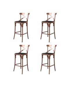 Conjunto 4 Banquetas Katrina com Encosto em Aço Cobre Assento Corano para Bancada de Cozinha - Preto