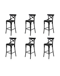 Kit 6 Banquetas Katrina com Encosto em Aço Preto Assento em Corano para Bancada de Cozinha - Preto