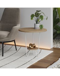 Mesa Lateral Redonda Industrial Italy Ferro Branco e Tampo Freijó