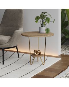 Mesa Lateral Redonda Industrial Italy Ferro Dourado e Tampo Freijó