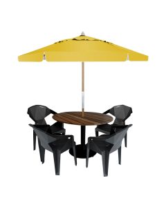 Mesa de Jantar em Madeira Maciça Externa Redonda 90x90 com 4 Cadeiras e Ombrelone Amarelo 2,40m