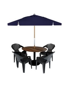 Mesa de Jantar em Madeira Maciça Externa Redonda 90x90 com 4 Cadeiras e Ombrelone Azul Marinho 2,40m