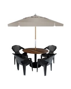 Mesa de Jantar em Madeira Maciça Externa Redonda 90x90 com 4 Cadeiras e Ombrelone Bege 2,40m