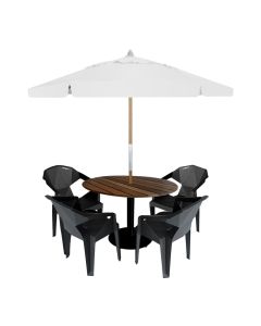 Mesa de Jantar em Madeira Maciça Externa Redonda 90x90 com 4 Cadeiras e Ombrelone Branco 2,40m