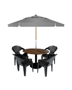 Mesa de Jantar em Madeira Maciça Externa Redonda 90x90 com 4 Cadeiras e Ombrelone Cinza 2,40m