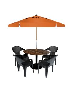 Mesa de Jantar em Madeira Maciça Externa Redonda 90x90 com 4 Cadeiras e Ombrelone Laranja 2,40m