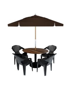 Mesa de Jantar em Madeira Maciça Externa Redonda 90x90 com 4 Cadeiras e Ombrelone Marrom 2,40m