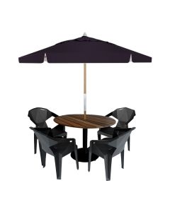 Mesa de Jantar em Madeira Maciça Externa Redonda 90x90 com 4 Cadeiras e Ombrelone Roxo 2,40m