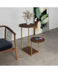 Mesa Lateral Industrial Dourado Ferro Tampo Redondo Amêndoa