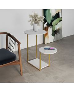 Mesal Lateral Cibele Tampo Redondo Ferro Dourado Tampo Branco