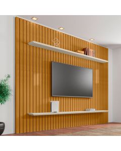Painel Ripado Roma para Sala com Tv até 75 Polegadas e Prateleiras Decorativas - Cinamomo/off White