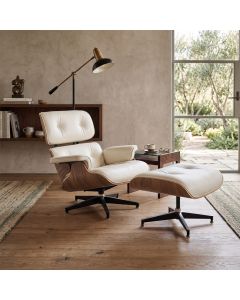 Poltrona Charles Eames com Puff Couro Sintético Linha Premium Sala Escritório Recepção - Branco