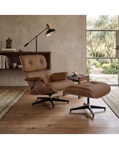 Poltrona Charles Eames com Puff Couro Sintético Linha Premium Sala Escritório Recepção - Cappuccino