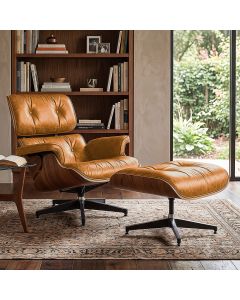 Poltrona Charles Eames com Puff Couro Envelhecido Linha Premium Sala Escritório Recepção - Caramelo