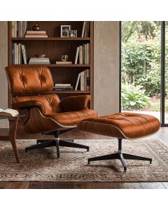 Poltrona Charles Eames com Puff Couro Envelhecido Linha Premium Design Atemporal Sala Luxo - Castor