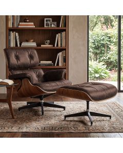 Poltrona Charles Eames com Puff Couro Envelhecido Linha Premium Sala Escritório Recepção - Marrom