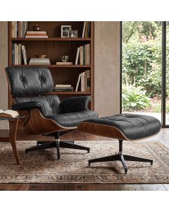 Poltrona Charles Eames com Puff Couro Envelhecido Linha Premium Design Atemporal Sala Luxo - Preto