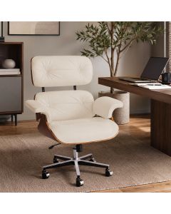 Poltrona Charles Eames Office Couro Natural Linha Premium Design Atemporal Escritório - Off-white