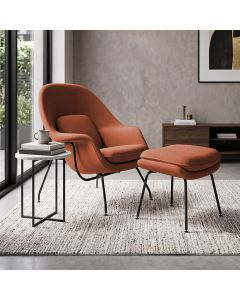 Poltrona Womb Chair com Puff Bouclê Base Preta Linha Premium Design Moderno Sala Leitura - Terracota