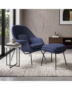 Poltrona Womb Chair com Puff Linho Base Preta Linha Premium Design Moderno Quarto Leitura - Azul
