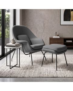 Poltrona Womb Chair com Puff Linho Base Preta Linha Premium Design Moderno Sala Leitura - Cinza